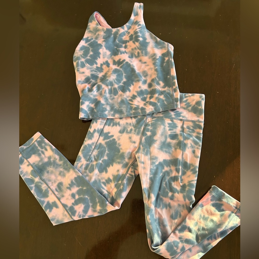 Athleta Girl Blue and Pink Tie-Dye Leggings and Sports Bra Set
